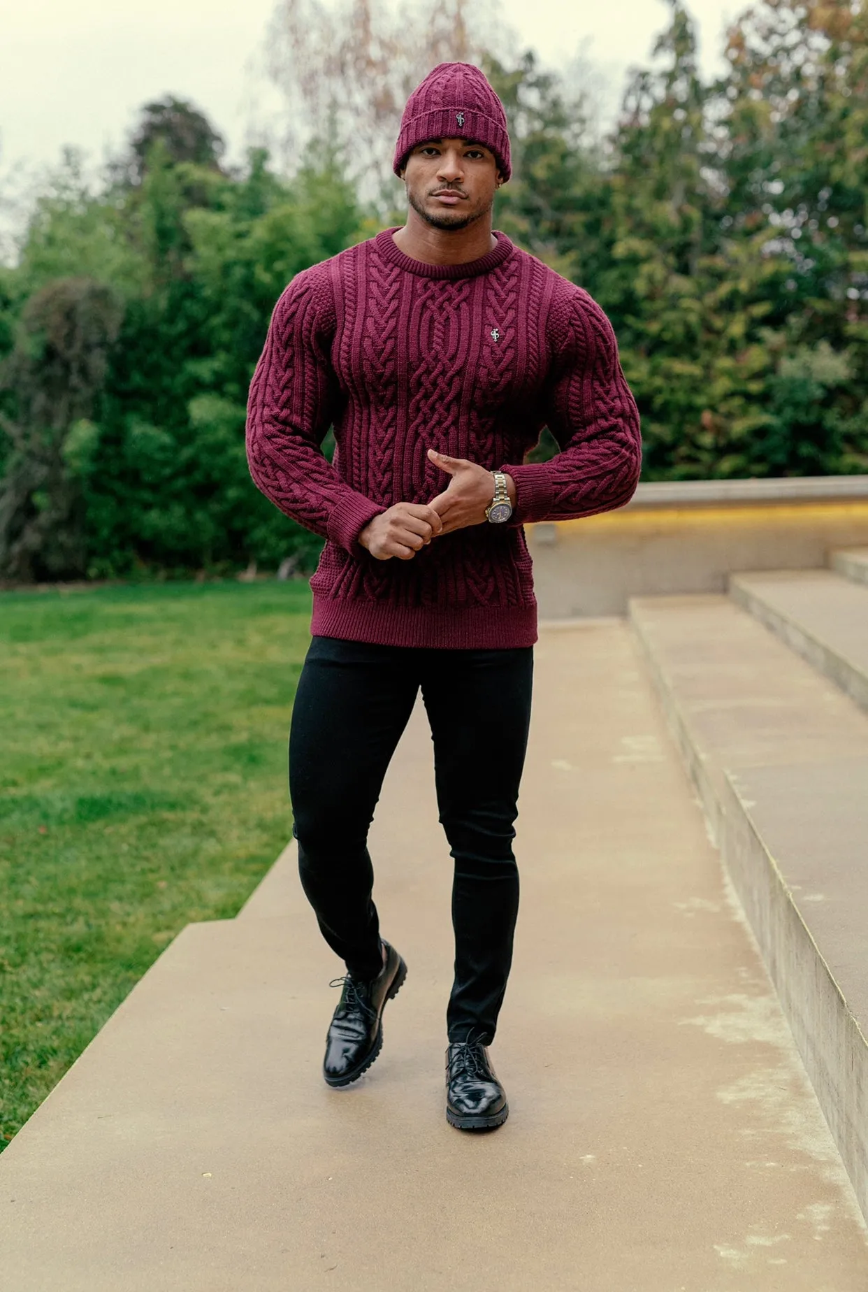 Father Sons Burgundy Twisted Braid Weave Super Slim Jumper With Gunmetal Decal - FSJ043
