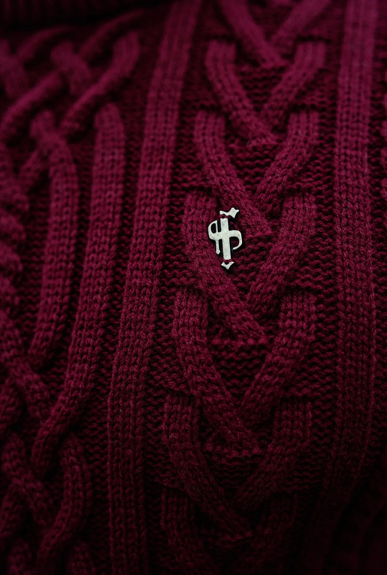 Father Sons Burgundy Twisted Braid Weave Super Slim Jumper With Gunmetal Decal - FSJ043