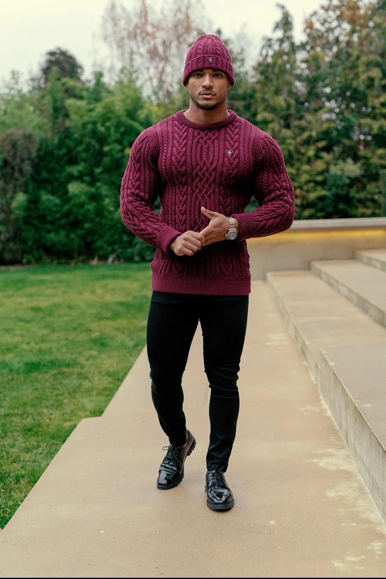 Father Sons Burgundy Twisted Braid Weave Super Slim Jumper With Gunmetal Decal - FSJ043