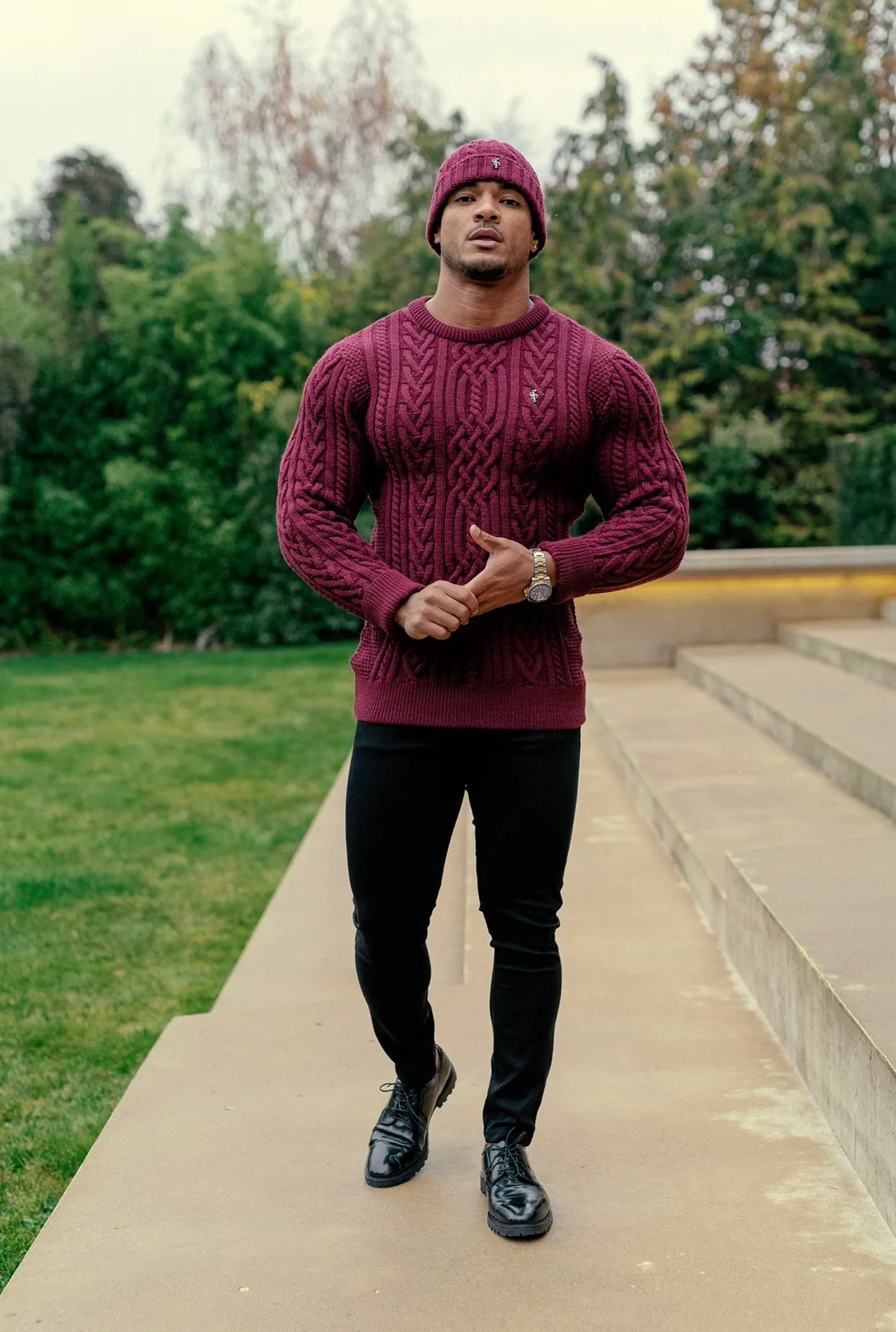 Father Sons Burgundy Twisted Braid Weave Super Slim Jumper With Gunmetal Decal - FSJ043