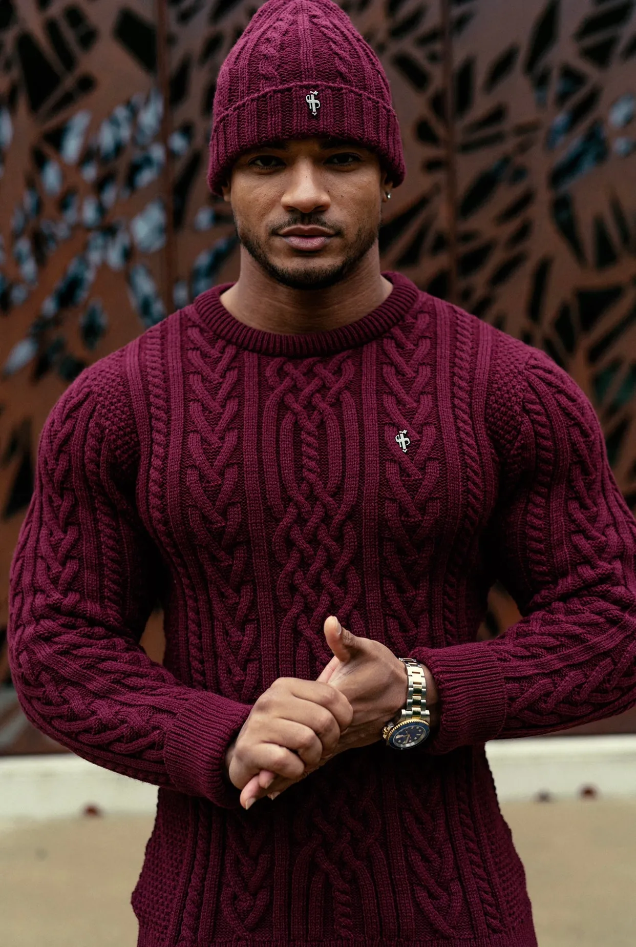 Father Sons Burgundy Twisted Braid Weave Super Slim Jumper With Gunmetal Decal - FSJ043
