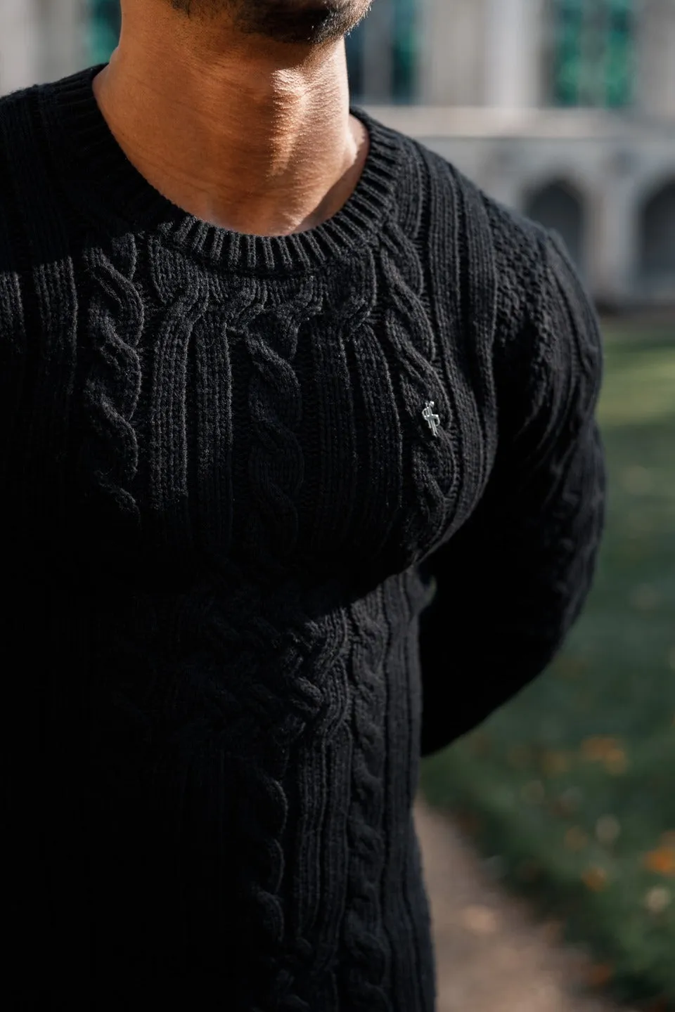 Father Sons Luxury Lambs Wool Braided Knot Black Jumper With Metal Decal - FSN034
