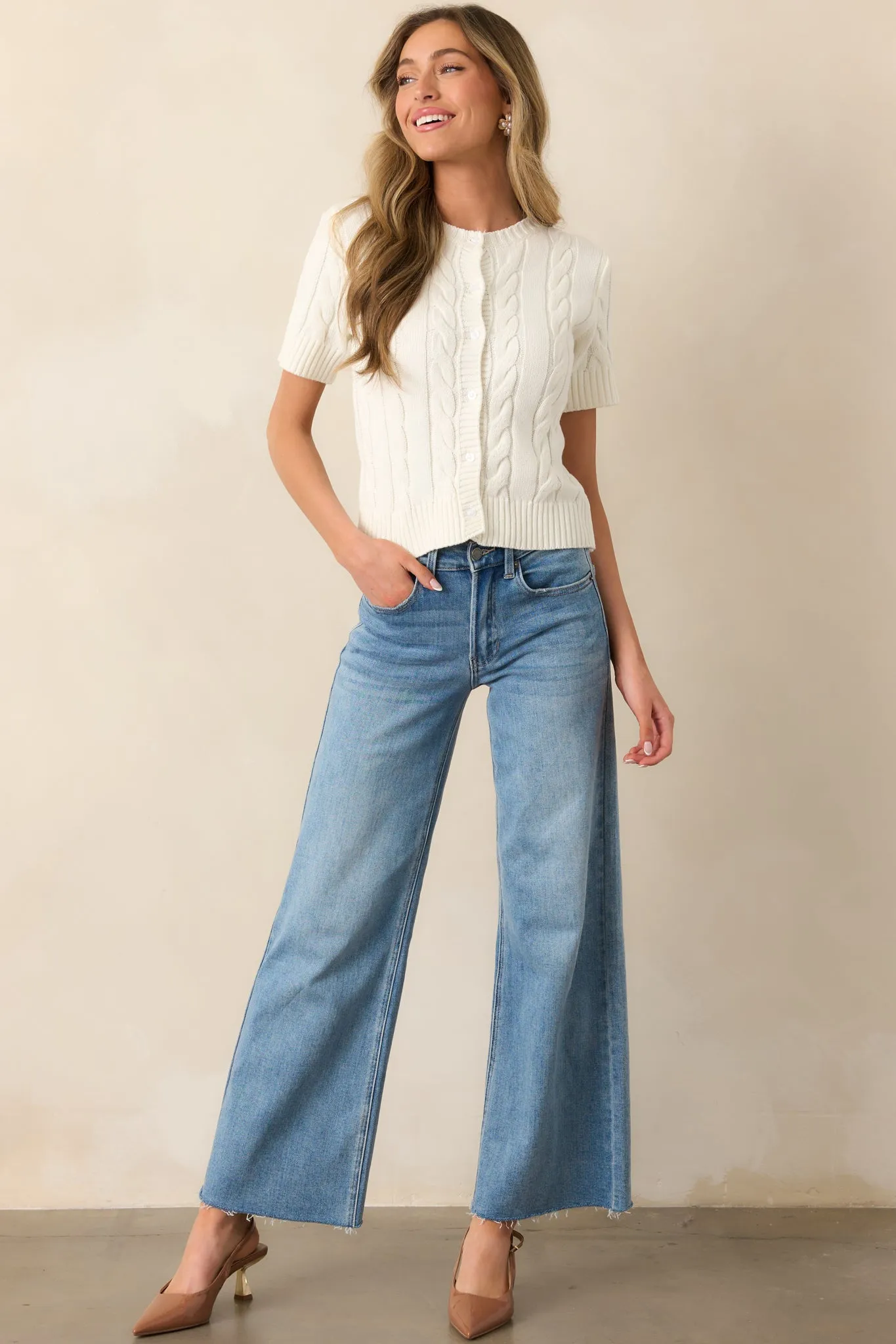 Feels Like Home Ivory Short Sleeve Cable Knit Cardigan