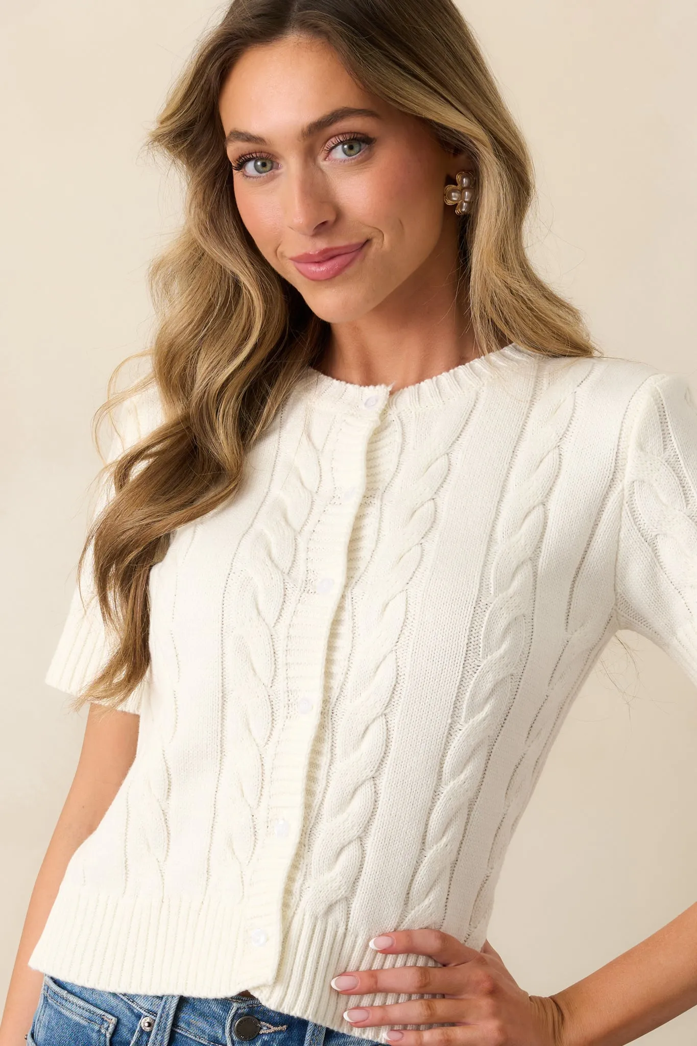 Feels Like Home Ivory Short Sleeve Cable Knit Cardigan