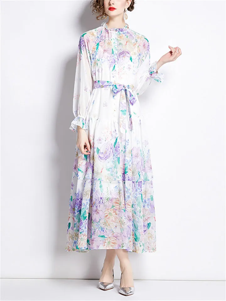 Female Dreamy Long Sleeve Printed Layered Ruffle Dresses