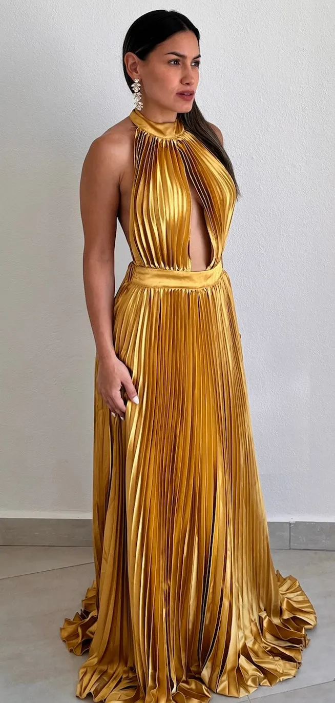Flawless Expression Gold Pleated Long Dress