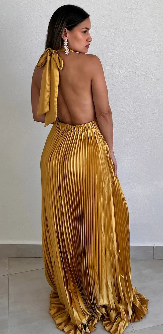 Flawless Expression Gold Pleated Long Dress