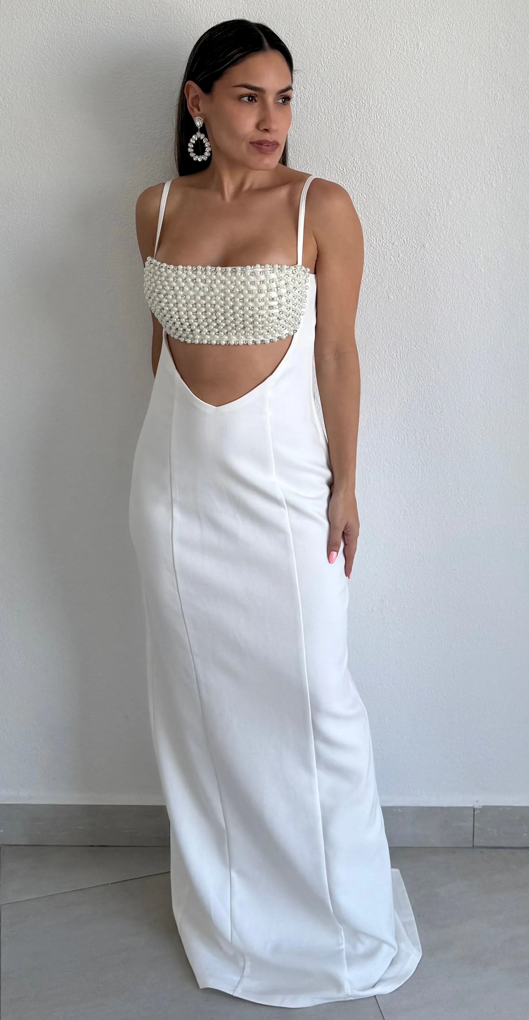Flirty Luxury White Pearls Maxi Dress