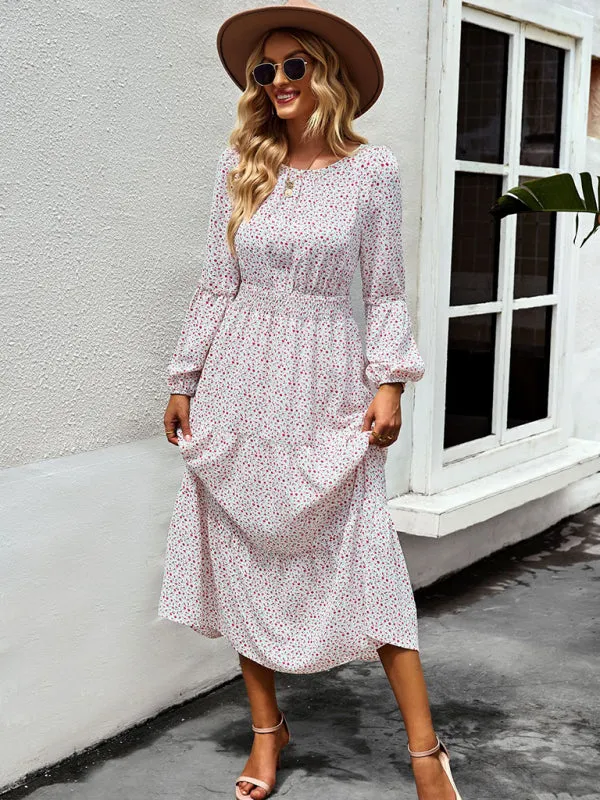 Floral Print Midi Dress with Tiered Skirt and Fitted Waist