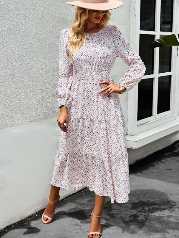 Floral Print Midi Dress with Tiered Skirt and Fitted Waist