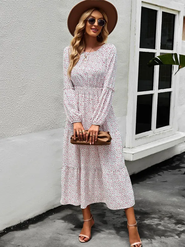 Floral Print Midi Dress with Tiered Skirt and Fitted Waist