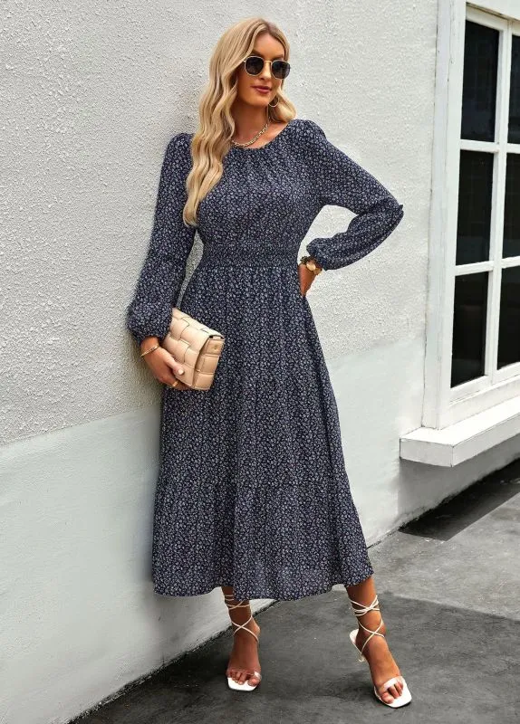 Floral Print Midi Dress with Tiered Skirt and Fitted Waist