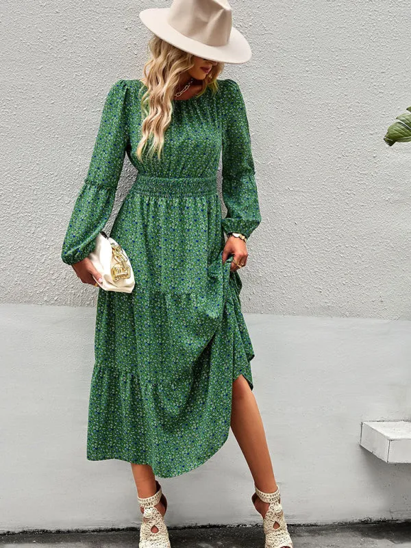 Floral Print Midi Dress with Tiered Skirt and Fitted Waist