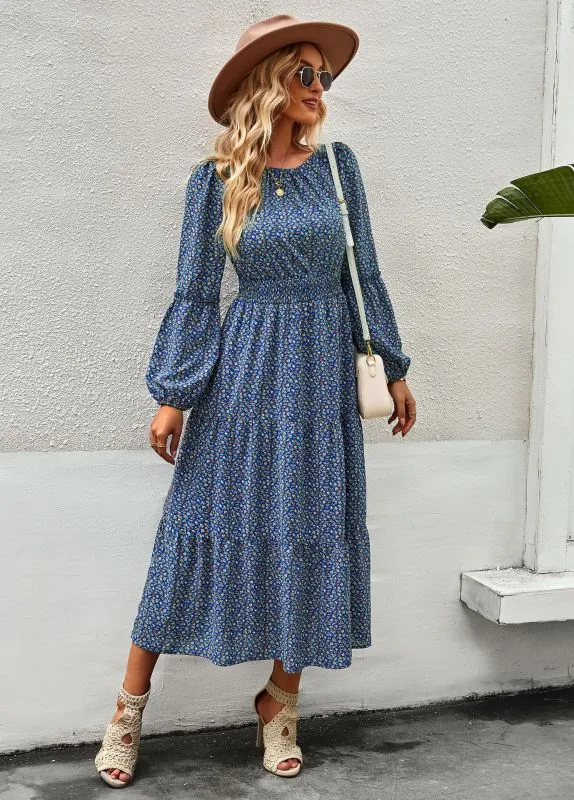 Floral Print Midi Dress with Tiered Skirt and Fitted Waist