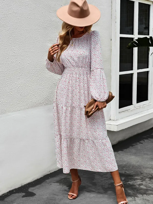 Floral Print Midi Dress with Tiered Skirt and Fitted Waist