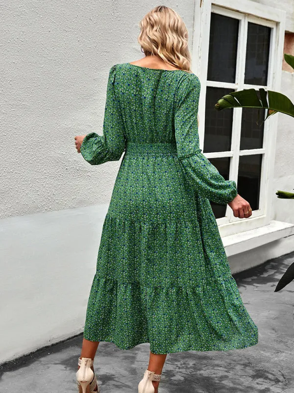 Floral Print Midi Dress with Tiered Skirt and Fitted Waist