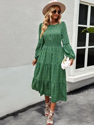 Floral Print Midi Dress with Tiered Skirt and Fitted Waist