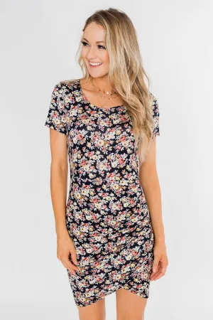 Floral Take Me Away Short Sleeve Dress- Navy