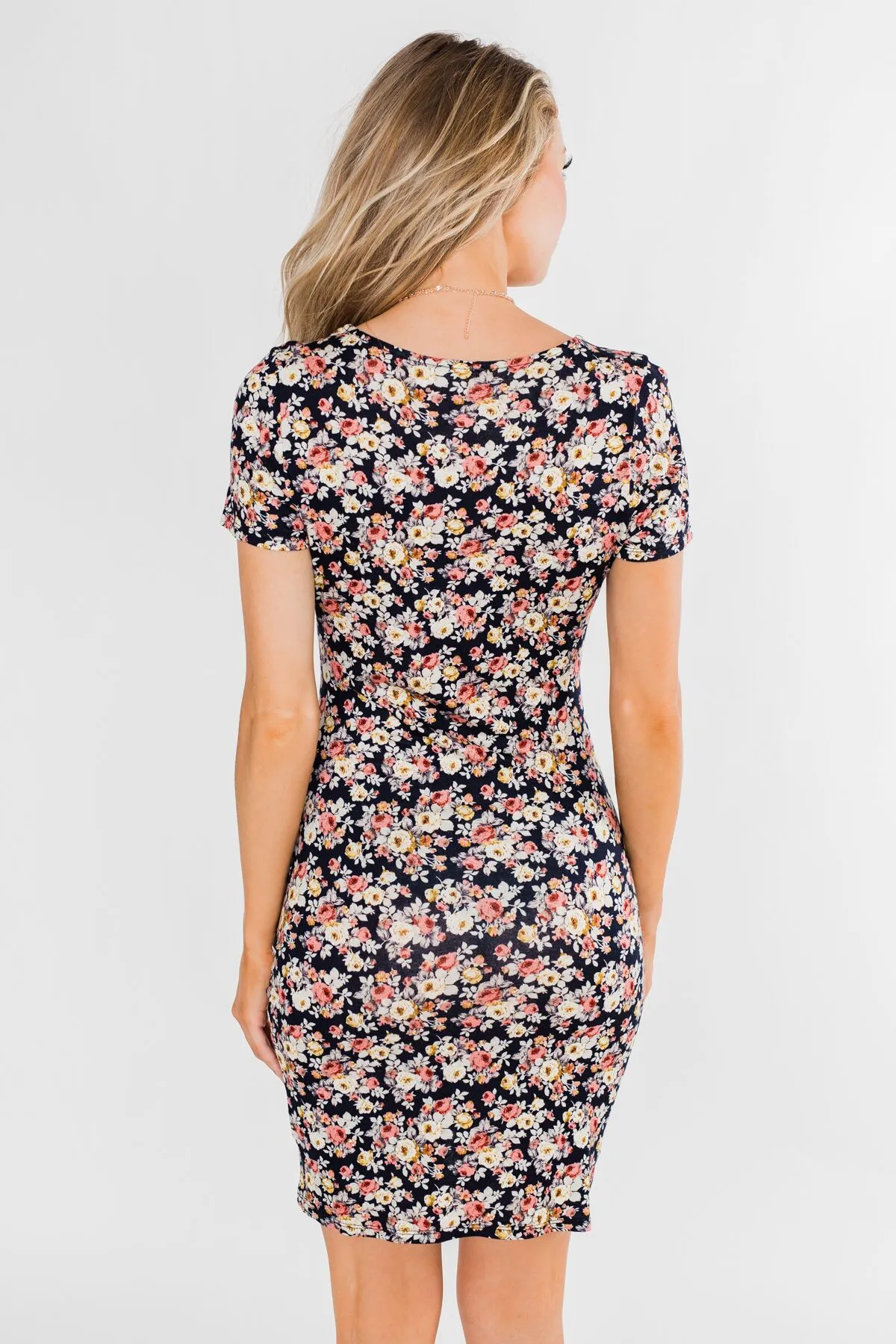 Floral Take Me Away Short Sleeve Dress- Navy