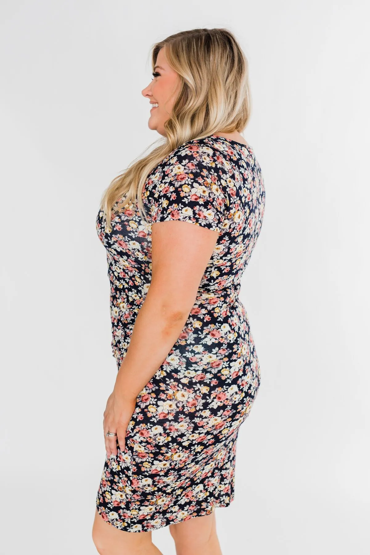 Floral Take Me Away Short Sleeve Dress- Navy