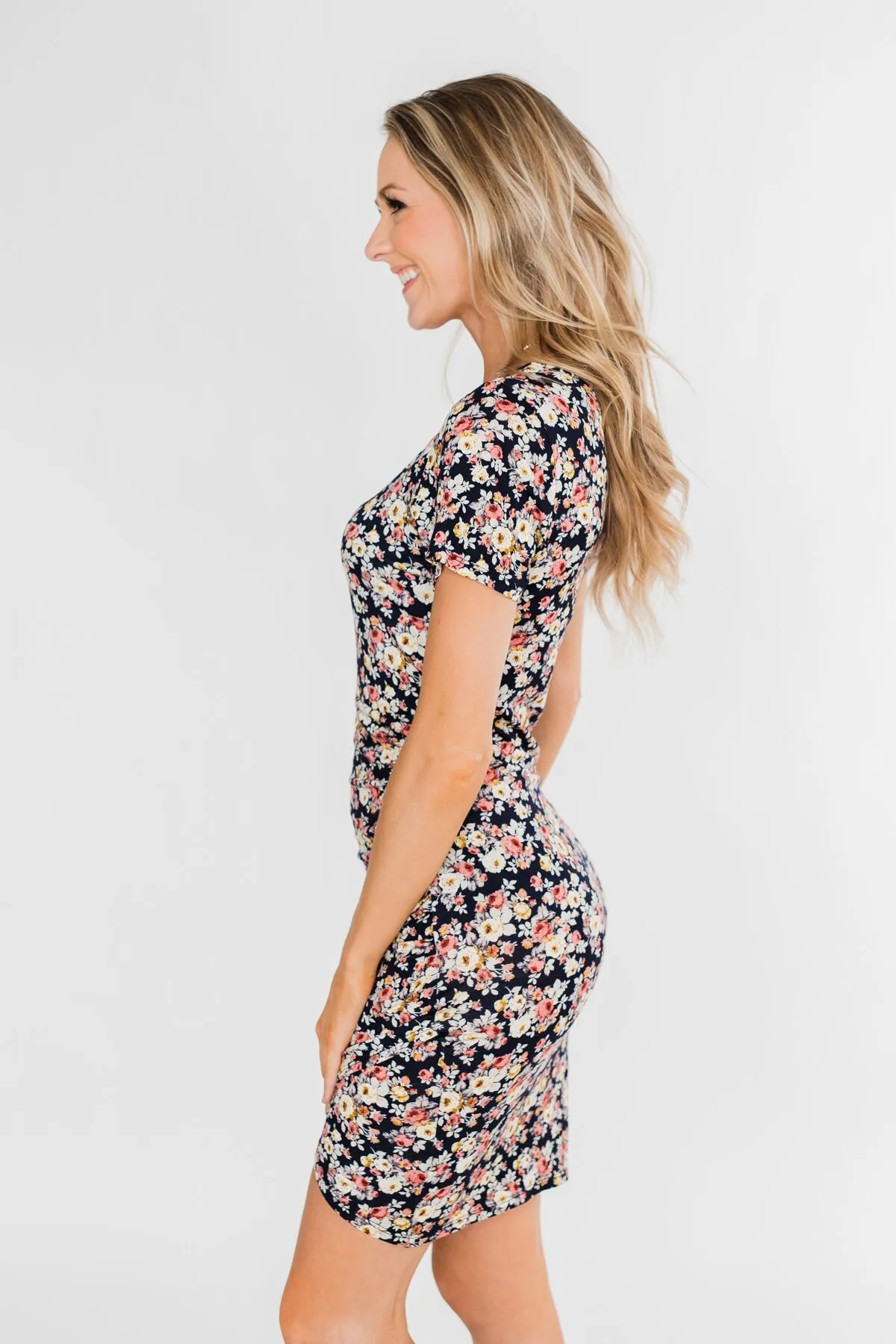 Floral Take Me Away Short Sleeve Dress- Navy