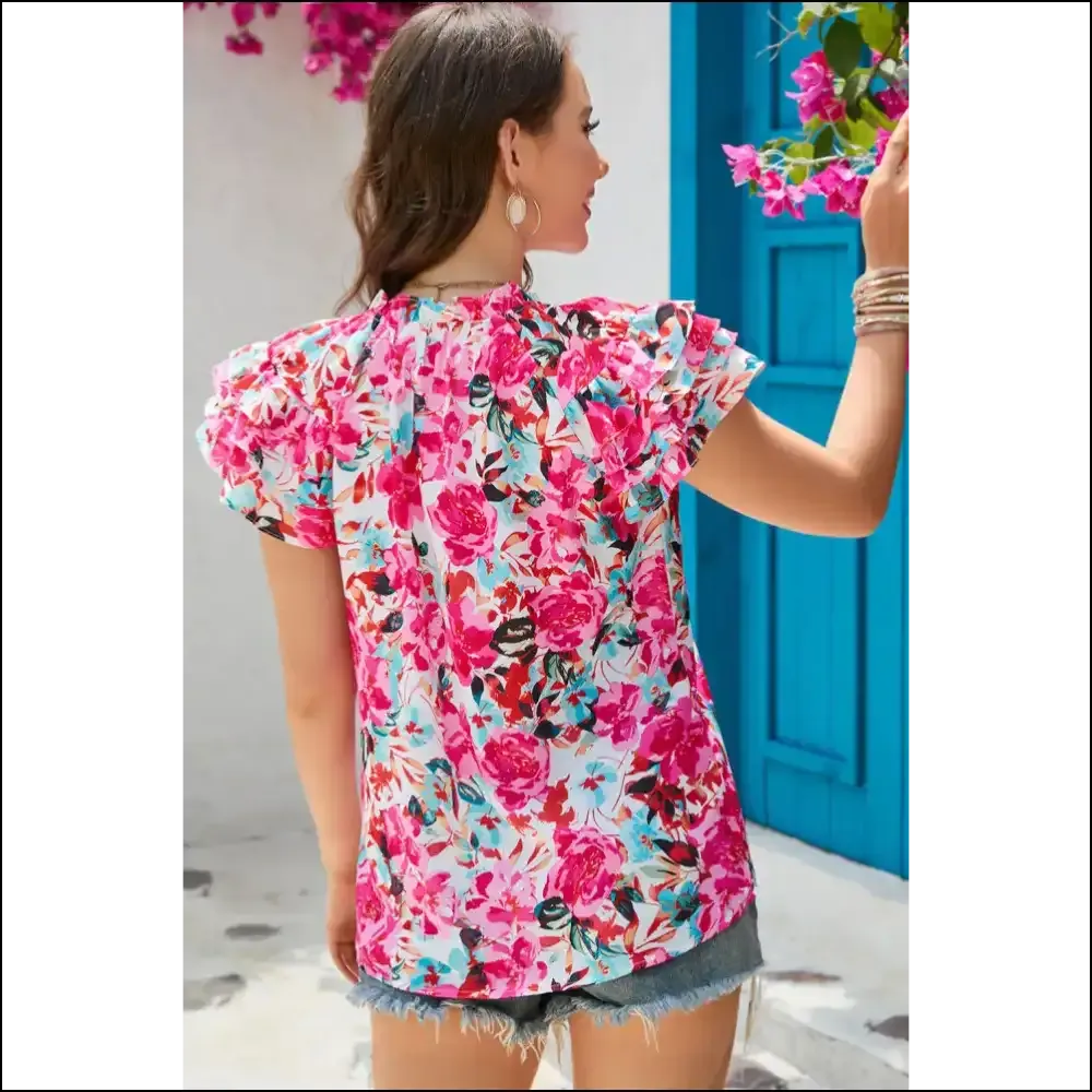 Floral Tie Neck Flutter Sleeve Blouse