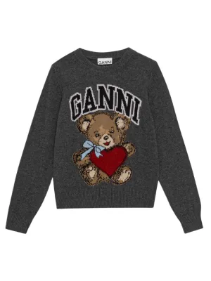 Ganni Graphic Wool Mix Bear Crewneck Sweater in Gray Quill
