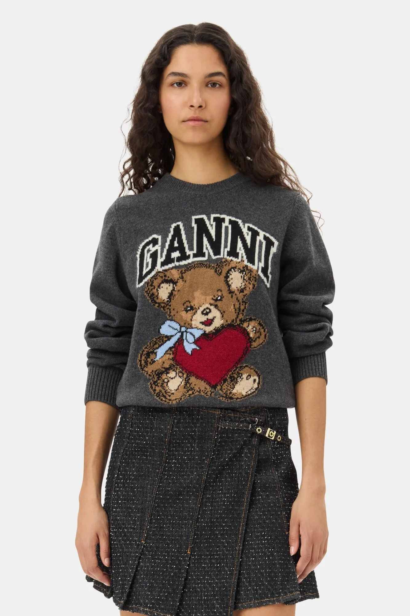 Ganni Graphic Wool Mix Bear Crewneck Sweater in Gray Quill