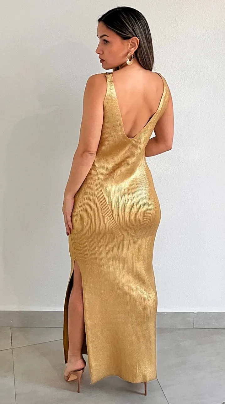 Golden Girl Metallic Bodycon Midi Dress