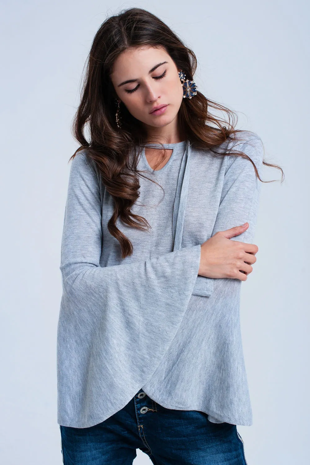 Gray sweater with bell sleeves