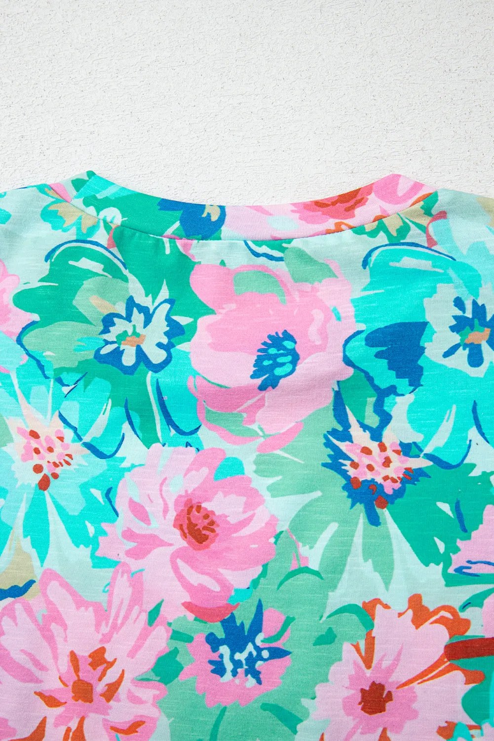 Green Floral Print Eyelet Embroidered Short Sleeve Crew Neck Top