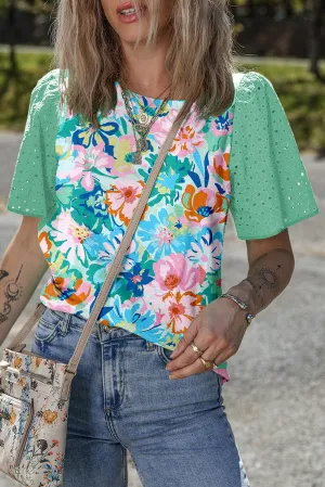 Green Floral Print Eyelet Embroidered Short Sleeve Crew Neck Top