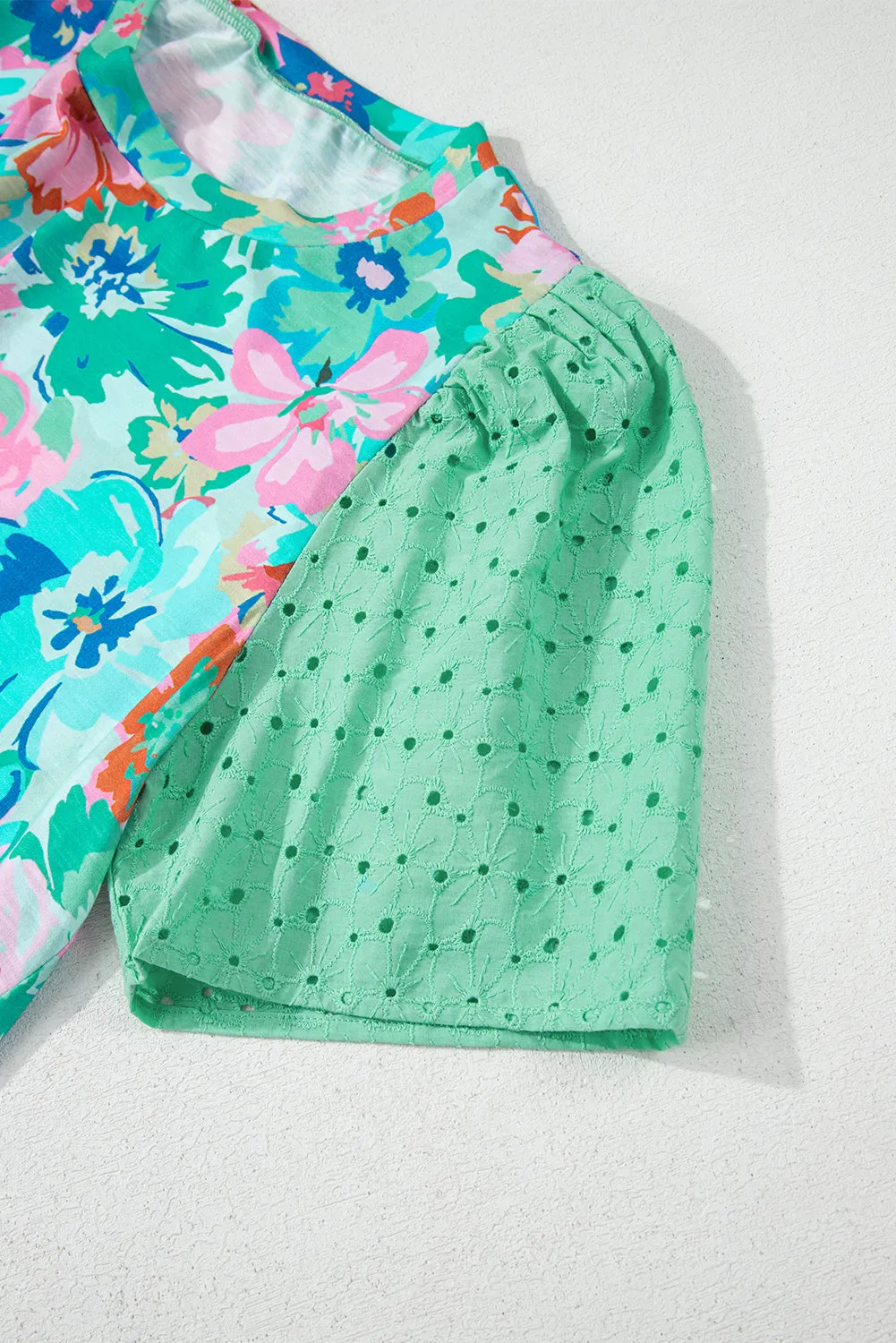 Green Floral Print Eyelet Embroidered Short Sleeve Crew Neck Top