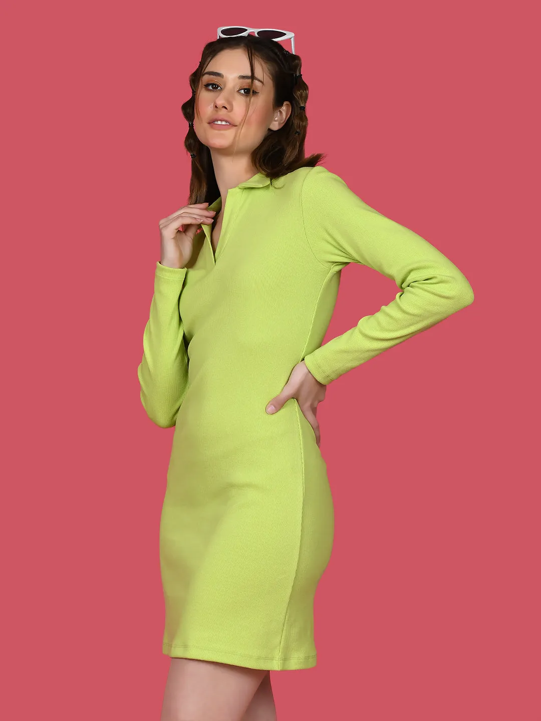 Green Solid Fitted Short Dress