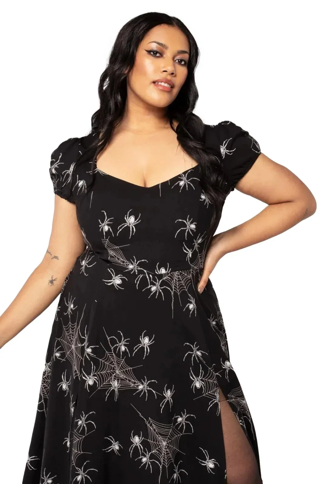 Grungy Spider Gothic Dress by Hell Bunny Midi Puff Sleeves
