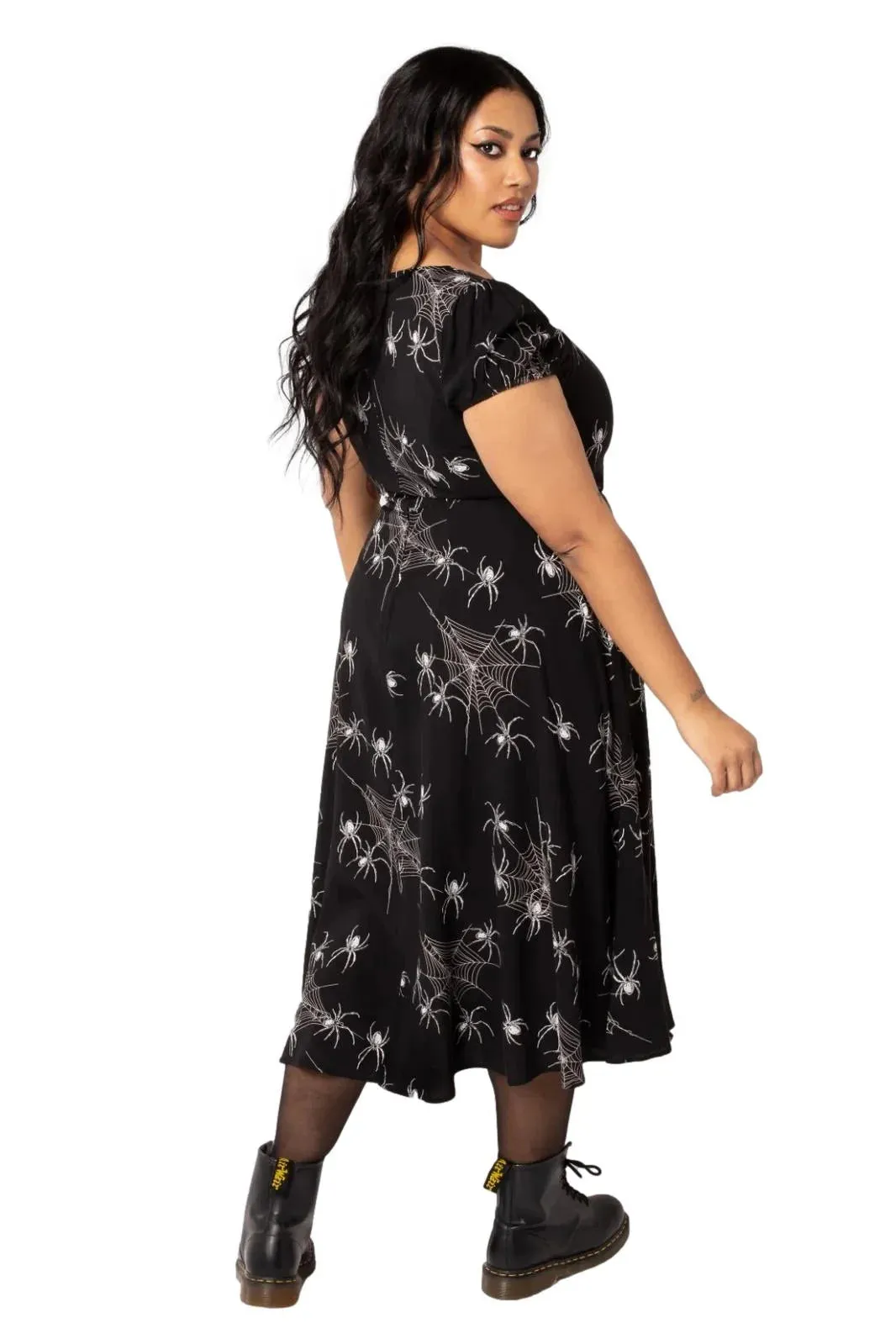 Grungy Spider Gothic Dress by Hell Bunny Midi Puff Sleeves