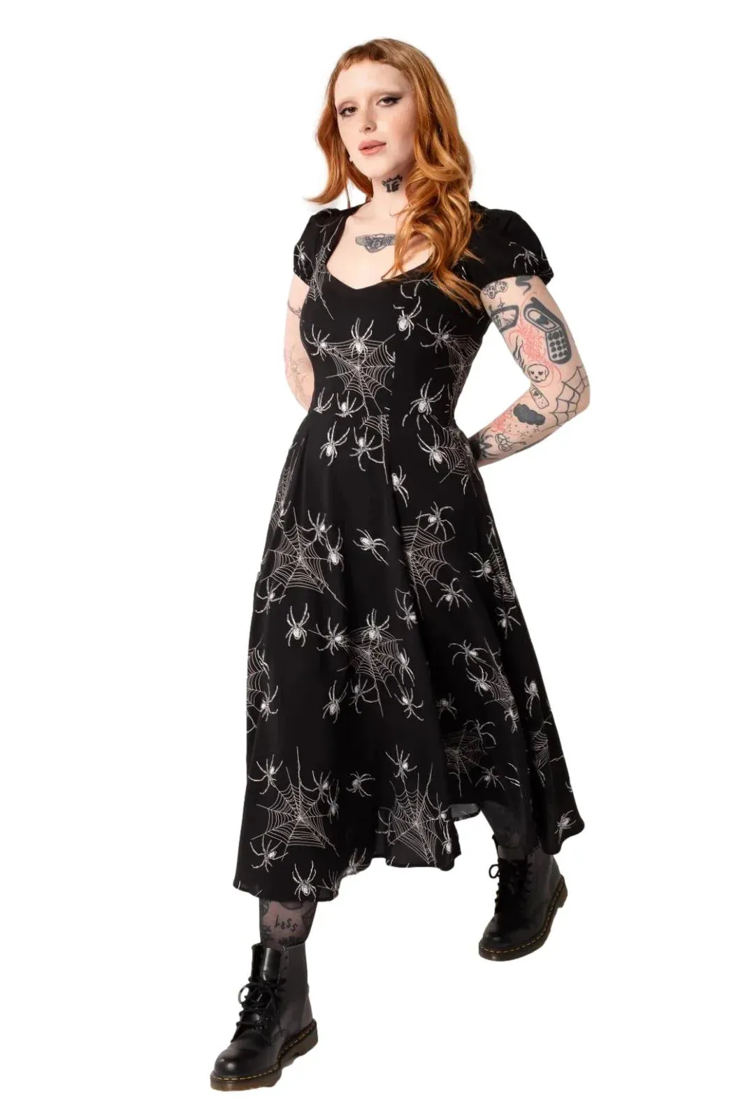 Grungy Spider Gothic Dress by Hell Bunny Midi Puff Sleeves