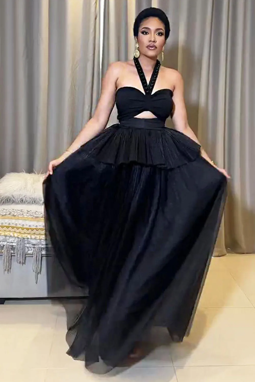 Halter Cutout Ruffle Mesh Layered Hem Party Maxi Dresses-Black [Pre Order]
