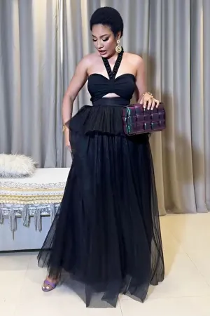 Halter Cutout Ruffle Mesh Layered Hem Party Maxi Dresses-Black [Pre Order]