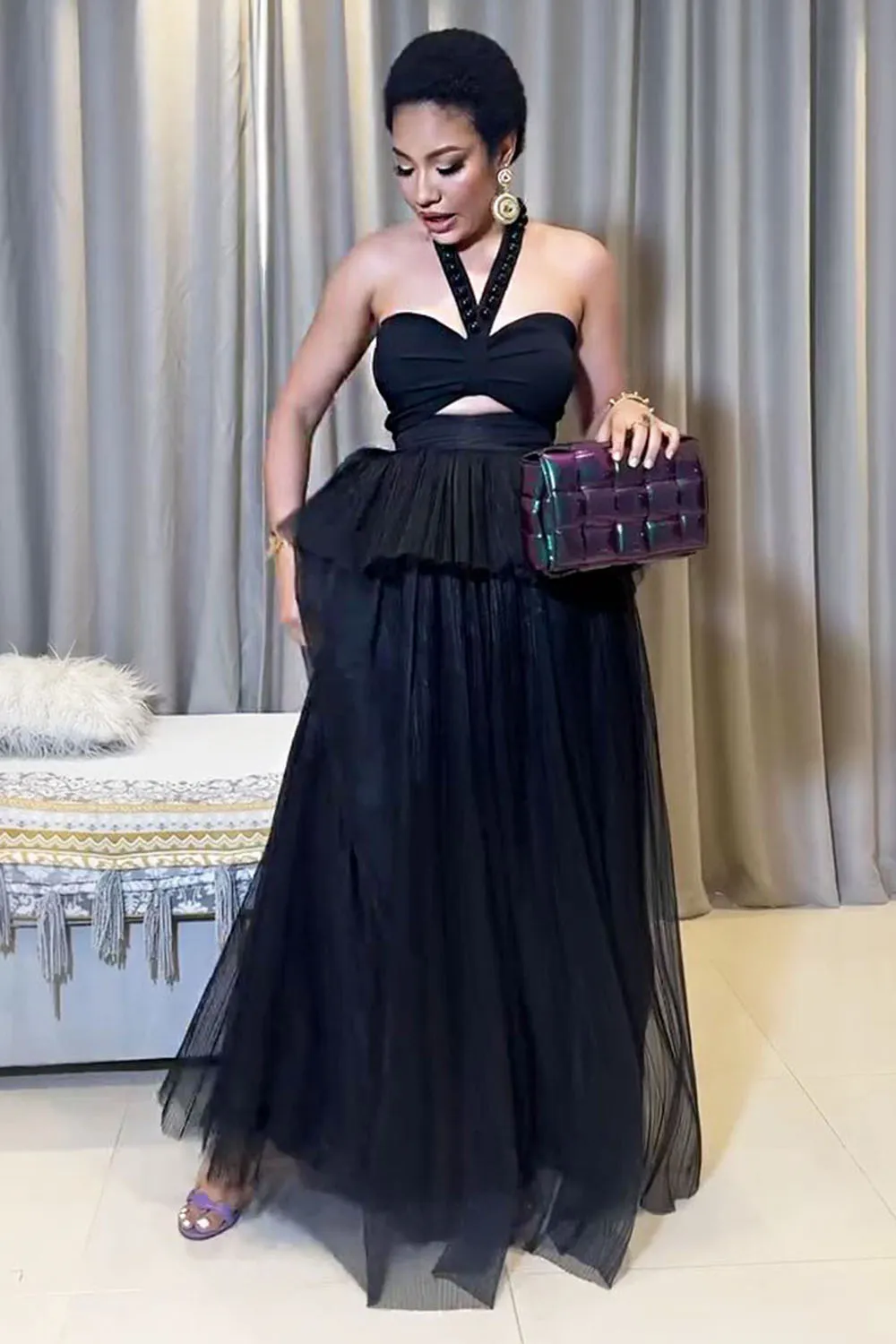 Halter Cutout Ruffle Mesh Layered Hem Party Maxi Dresses-Black [Pre Order]