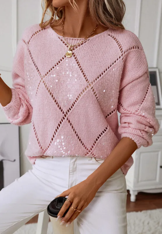 Hazel Blues® |  Openwork Sequin Round Neck Long Sleeve Sweater