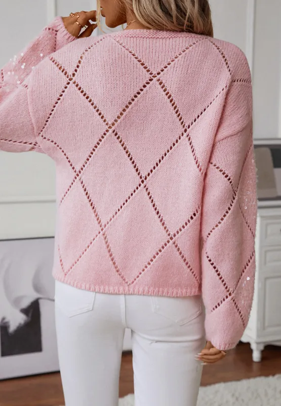 Hazel Blues® |  Openwork Sequin Round Neck Long Sleeve Sweater
