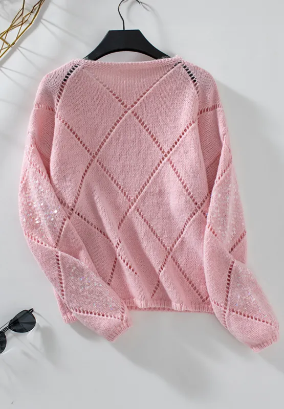 Hazel Blues® |  Openwork Sequin Round Neck Long Sleeve Sweater