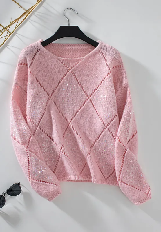 Hazel Blues® |  Openwork Sequin Round Neck Long Sleeve Sweater