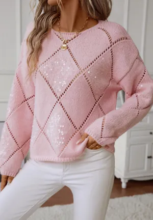 Hazel Blues® |  Openwork Sequin Round Neck Long Sleeve Sweater