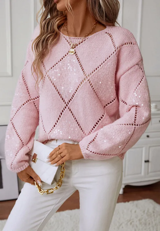 Hazel Blues® |  Openwork Sequin Round Neck Long Sleeve Sweater