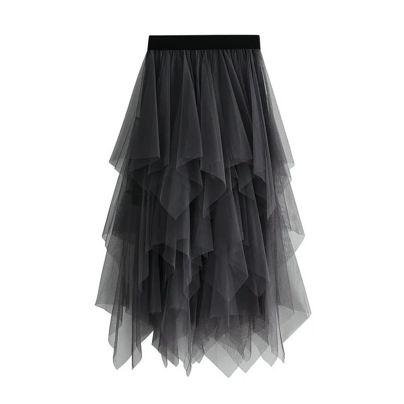 High Waist Slimming Flower Bud Irregular Mesh Skirt