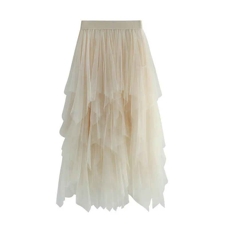 High Waist Slimming Flower Bud Irregular Mesh Skirt
