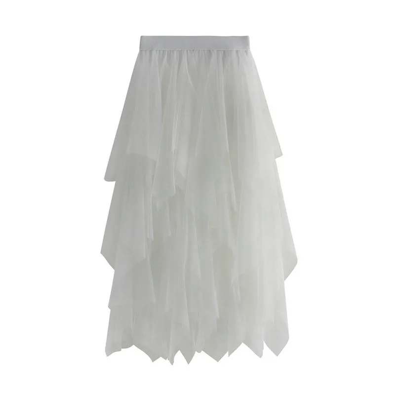 High Waist Slimming Flower Bud Irregular Mesh Skirt