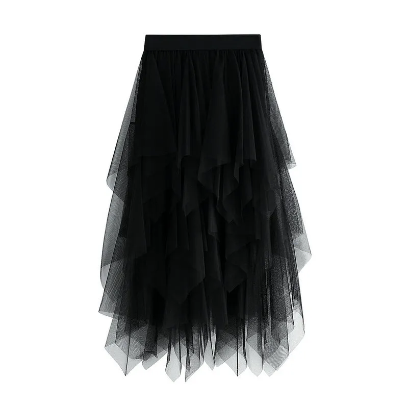 High Waist Slimming Flower Bud Irregular Mesh Skirt